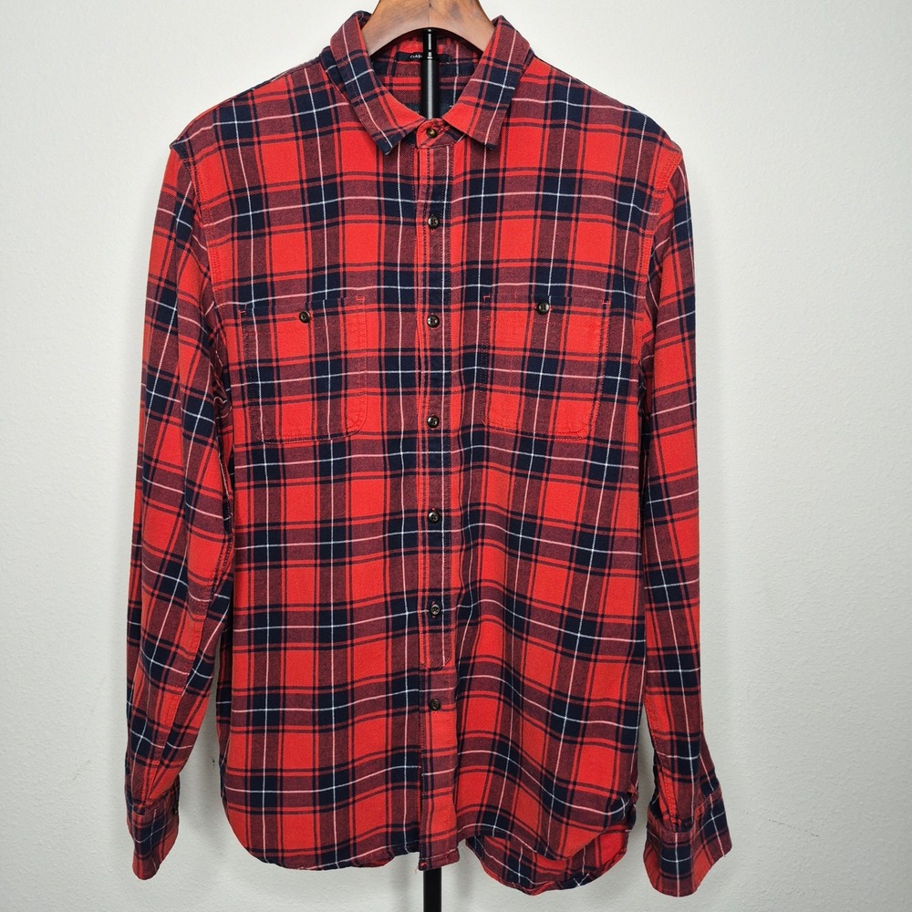 Lucky Brand Mens Saturday Stretch Plaid Flannel Shirt Red Navy Blue M Americana